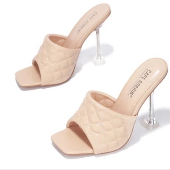 Nude clear square toe quilted high heel mules sz 11 - Picture 1 of 3